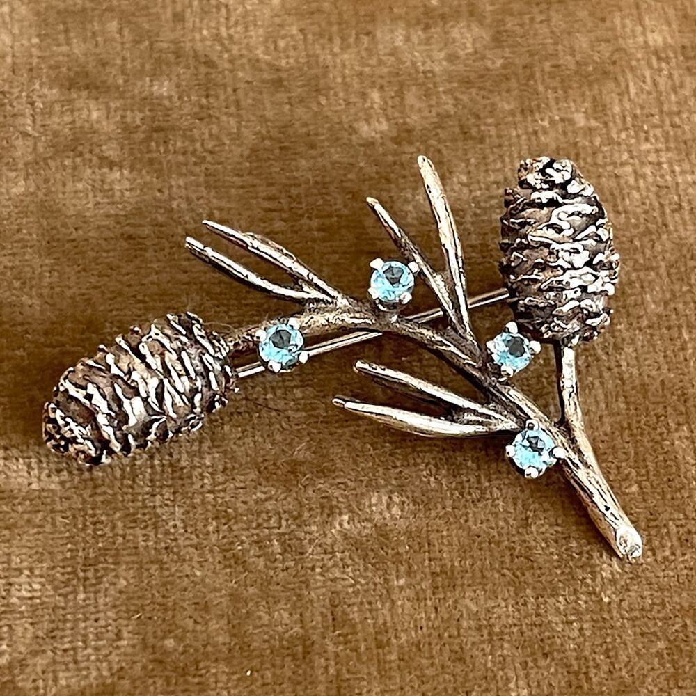 Vintage MFA Museum of Fine Arts Sterling Silver Pine Cone Bough Blue Pin Brooch